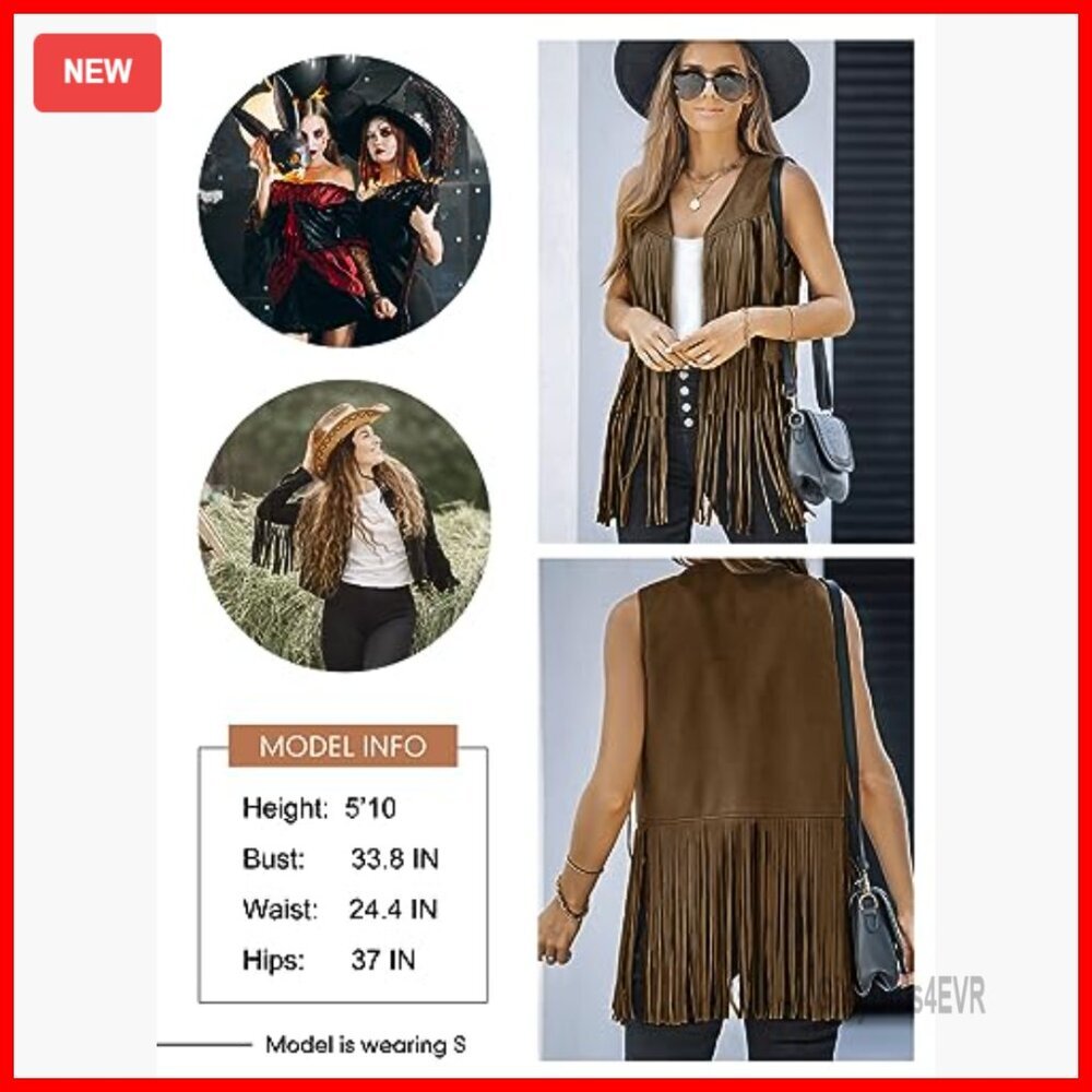 Faux Suede Fringe Vest Sleeveless Crop Western Outerwear Hippie Costume - Picture 5 of 7